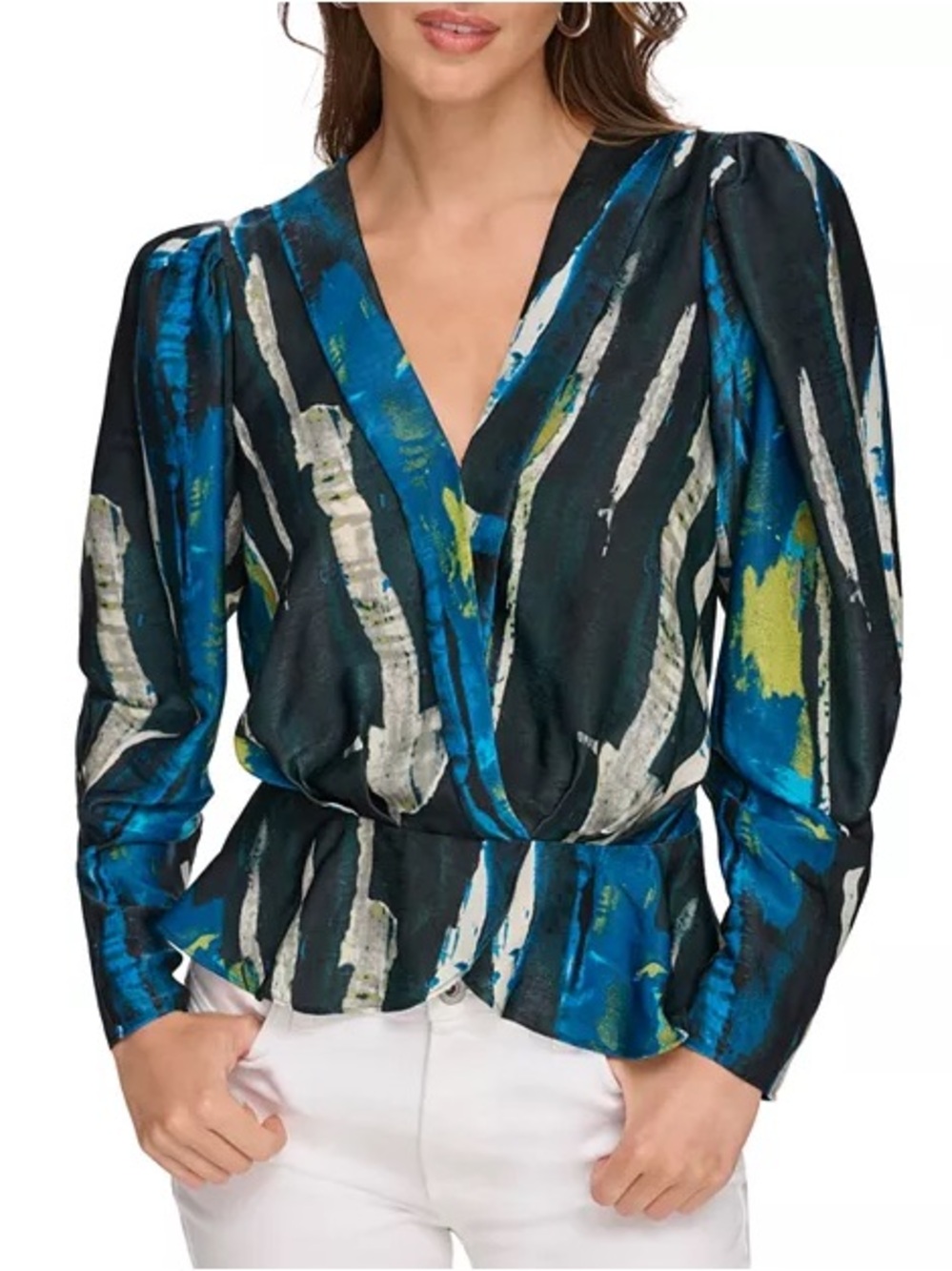 DKNY Black and Blue Abstract V-Neck Peplum Blouse